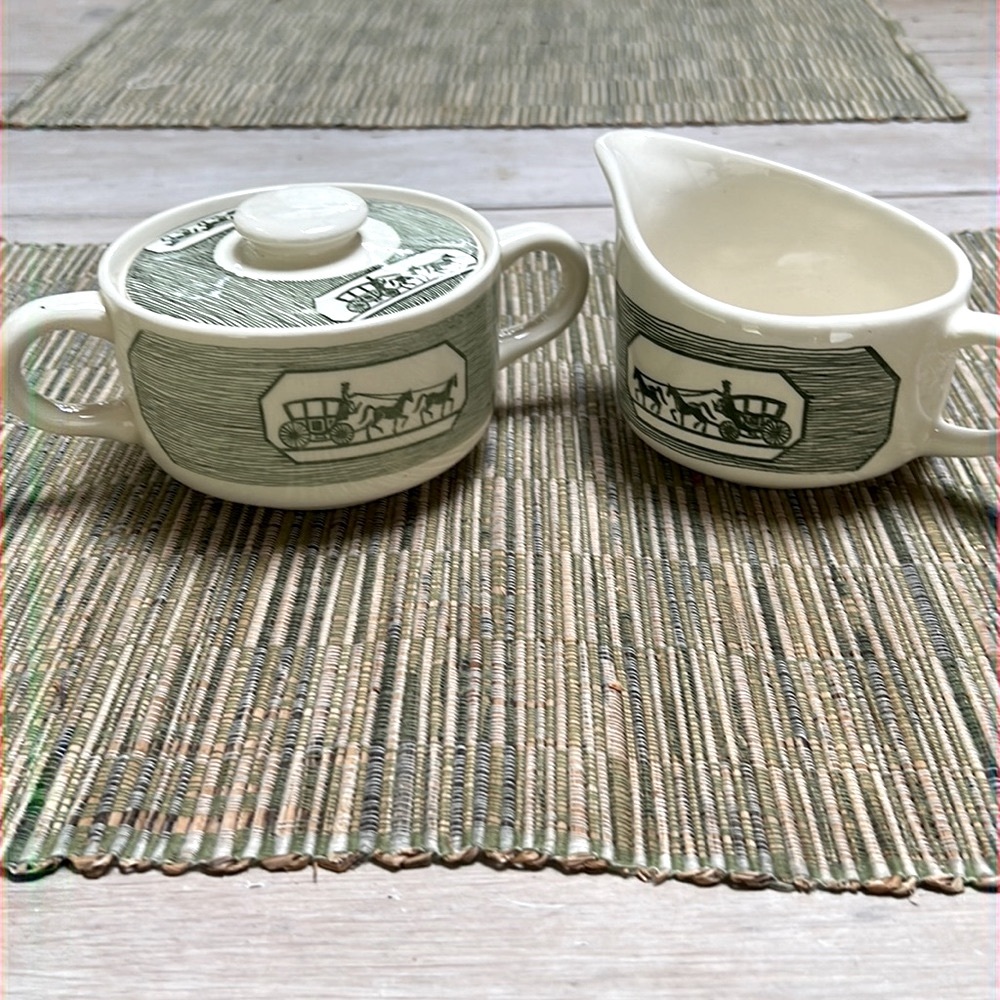 Vintage Green creamer and sugar bowl with cover.